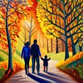 A Family Walking on a Winding Forest Path on a Sunny Fall Day