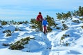 Family walking on winter mountain slope Royalty Free Stock Photo