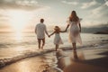 A family walks on the beach at sunset Generative AI