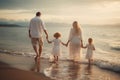 A family walks on the beach in white Generative AI
