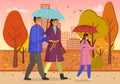 Daughter, dad and mom walk in autumn yellow park with umbrellas during raining. Flat image Royalty Free Stock Photo