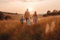 A family walks through a field with the sun setting behind them Generative AI