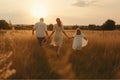 A family walks through a field at sunset Generative AI