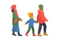 Family walks in warm winter clothes on white background.