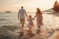 A family walks in the water at sunset Generative AI