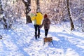 family walks in the winter forest mother and children bright sunlight and shadows on the snow beautiful nature