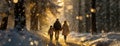 Family walks through a winter snowy forest on a sunny day. Fairy golden dreamy landscape. Silhouette of mom, dad and
