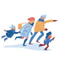 Family in warm clothes hurrying, rushing, running
