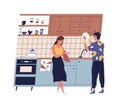 Family washing and rubbing dishes in the kitchen. Scene of young couple everyday routine, home cleanup. Flat vector
