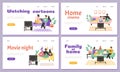 Family watch TV together in living room, landing page templates - flat vector illustration.