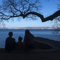 Family watching lake landscape