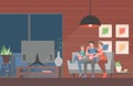 Family watching movie or tv show on television vector flat illustration. Family time, spending evening time together. Royalty Free Stock Photo