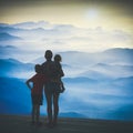 Family watching sunrise above the mountain valley. Instagram sty Royalty Free Stock Photo
