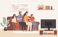 Family watching television together. Happy people watch tv in living room, young family watching movie at home vector Royalty Free Stock Photo