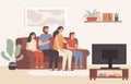 Family watching television together. Happy people watch tv in living room, young family watching movie at home vector illustration Royalty Free Stock Photo