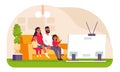 Family watching TV. Cartoon father mother and children spending weekend at home, sitting on couch and watching movie or Royalty Free Stock Photo