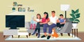 Family watching TV in living room. Vector flat cartoon illustration. Home movie time, indoor weekend leisure concept Royalty Free Stock Photo