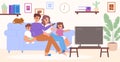 Family watching tv sitting on sofa. Watch movie in living room together. Adults and children relax at home on couch Royalty Free Stock Photo