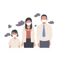 Family wearing masks on their faces because of smoke pollution, people protecting health from city pollution, Flat cartoon vector Royalty Free Stock Photo