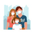 Family wearing protective medical mask staying together on the background of the city. Protection from virus. Coronavirus