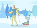 Family wearing warm winter clothes walking in snowy park, father ride son on sledge, leisure time Royalty Free Stock Photo