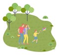 Family weekend concept with parents and child walking in the park cartoon vector illustration