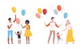 Family Weekend with Mother and Father Walking with Kids Holding Bunch of Colorful Balloons Vector Set