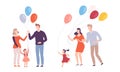 Family Weekend with Mother and Father Walking with Kids Holding Bunch of Colorful Balloons Vector Set