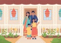 Family welcoming guests at front porch flat color vector illustration