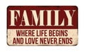Family where life begins and love never ends vintage rusty metal sign