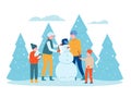 Family winter activity. Happy children and parents make snowman in park, husband, wife and kids having fun together