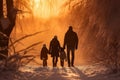 Family winter forest sunset walk. Generate Ai Royalty Free Stock Photo