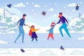 Family Winter Fun Ice Skating, Vector Illustration