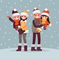 Family winter portrait. Dad Mother and kids outdoors. Vector ill