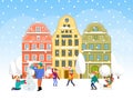 Family winter time spend, concept character kid male female make snowman flat vector illustration. Cozy christmas Royalty Free Stock Photo