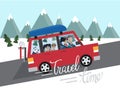 Family winter traveling. Mountain outdoor tourism. Travel by car. Flat design vector illustration.