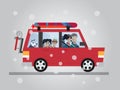 Family winter traveling. Travel by car. Flat design vector illustration.