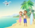 Family woman man mother father and kid child son on seashore with palm serfboard vacation launch drone quadrocopter to take photo