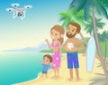 Family woman man mother father and kid child son on seashore with palm serfboard vacation launch drone quadrocopter to take photo