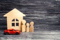 Family, wooden house model and car. buying and selling or car insurance. business success. concept of real estate, buying