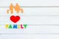 Family word and figure for adopt child concept on white background top view mock up Royalty Free Stock Photo