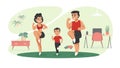 Family workout. Cartoon characters doing sport exercises at home, indoor activities with children concept. Vector mom