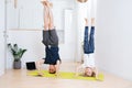 Family yoga at home on a mat. dad and son doing unassisted headstands Royalty Free Stock Photo