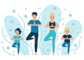 Family yoga. People do yoga exercise. Father and mother with children do yoga pose. Vector flat illustration