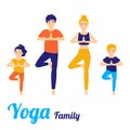 Family yoga of people doing yoga exercise. Father and mother with children doing yoga pose. Vector illustration isolated on white