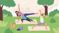 Family yoga in summer park outdoor flat vector illustration, cartoon happy family people do asana together, practicing Royalty Free Stock Photo