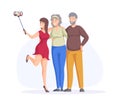 Family young and elderly spending time together. Elderly dad with mom and adult daughter taking selfie. Happy people having Royalty Free Stock Photo