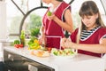 Family of young girls cooking. Recipe healthy food for kids