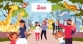 Family in zoo. Smiling cartoon kids, walking in park with parents. Safari in city, giraffe monkey elephant. Wild animal Royalty Free Stock Photo