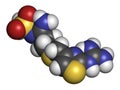 Famotidine drug molecule. 3D rendering. Atoms are represented as spheres with conventional color coding: hydrogen white, carbon.